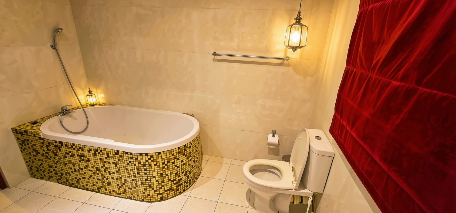 Room 102 en-suite bathtub with mosaic tiling and lantern lighting