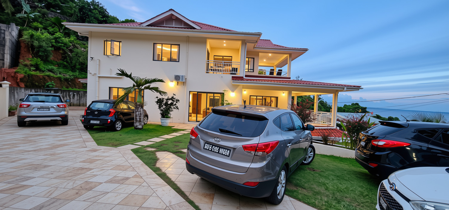 Villa exterior at dusk with complimentary Bay Car Hire fleet