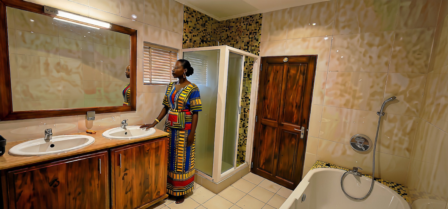 Room 102 en-suite — bathtub, walk-in shower & large vanity mirror