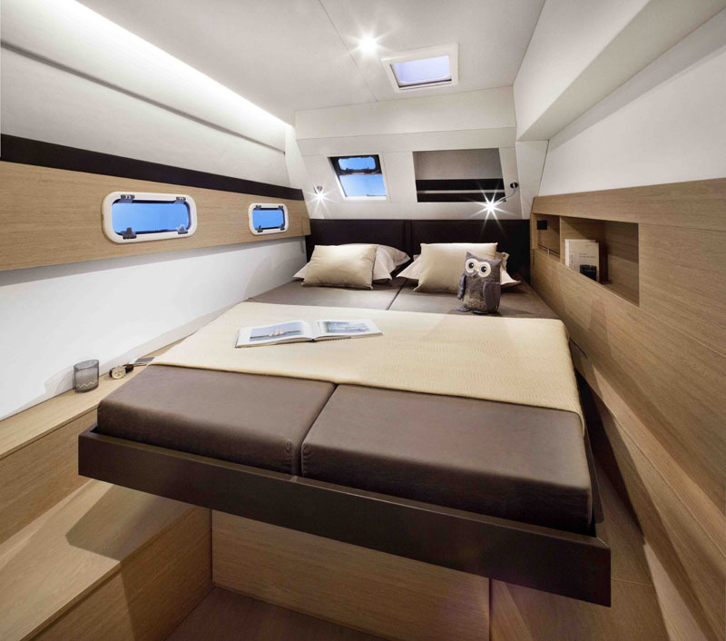 Light-filled private cabin aboard the catamaran