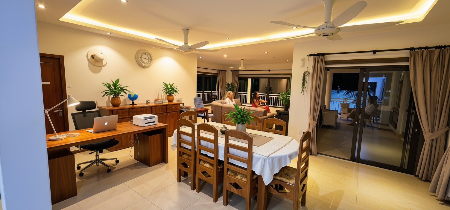 Reception and communal lounge — guest work desk, dining table and terrace doors