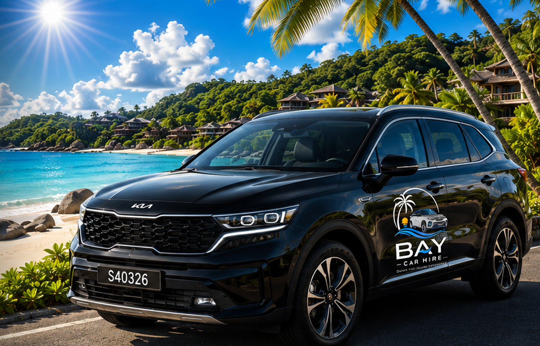 Black Kia SUV branded Bay Car Hire, registration S40326, parked beside a turquoise Seychelles beach