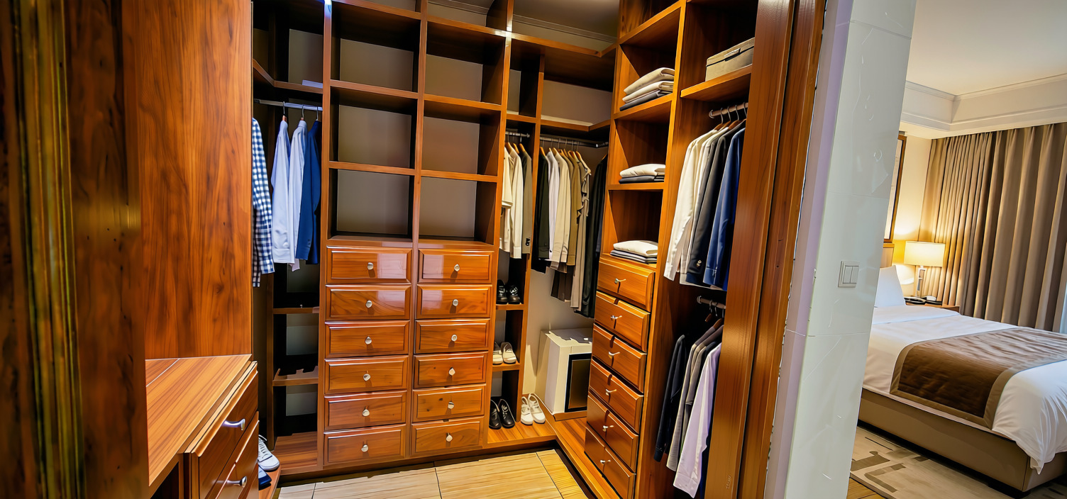 Room 102 walk-in wardrobe — solid hardwood shelving, drawers and hanging space
